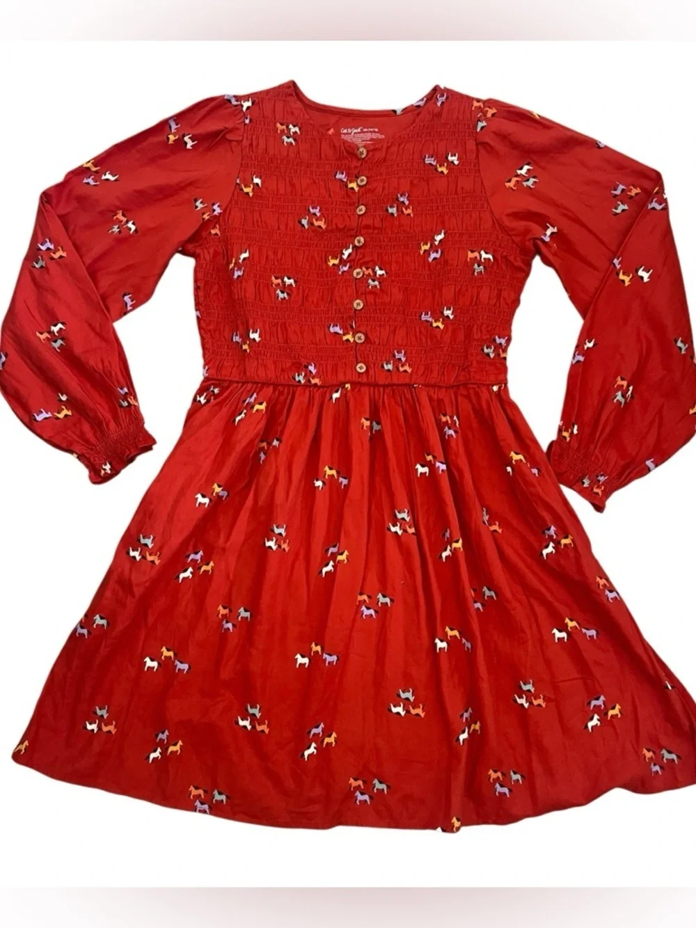 NWT- Cat & Jack Girls' Orange Long-Sleeve Smocked Horse-Print Dress